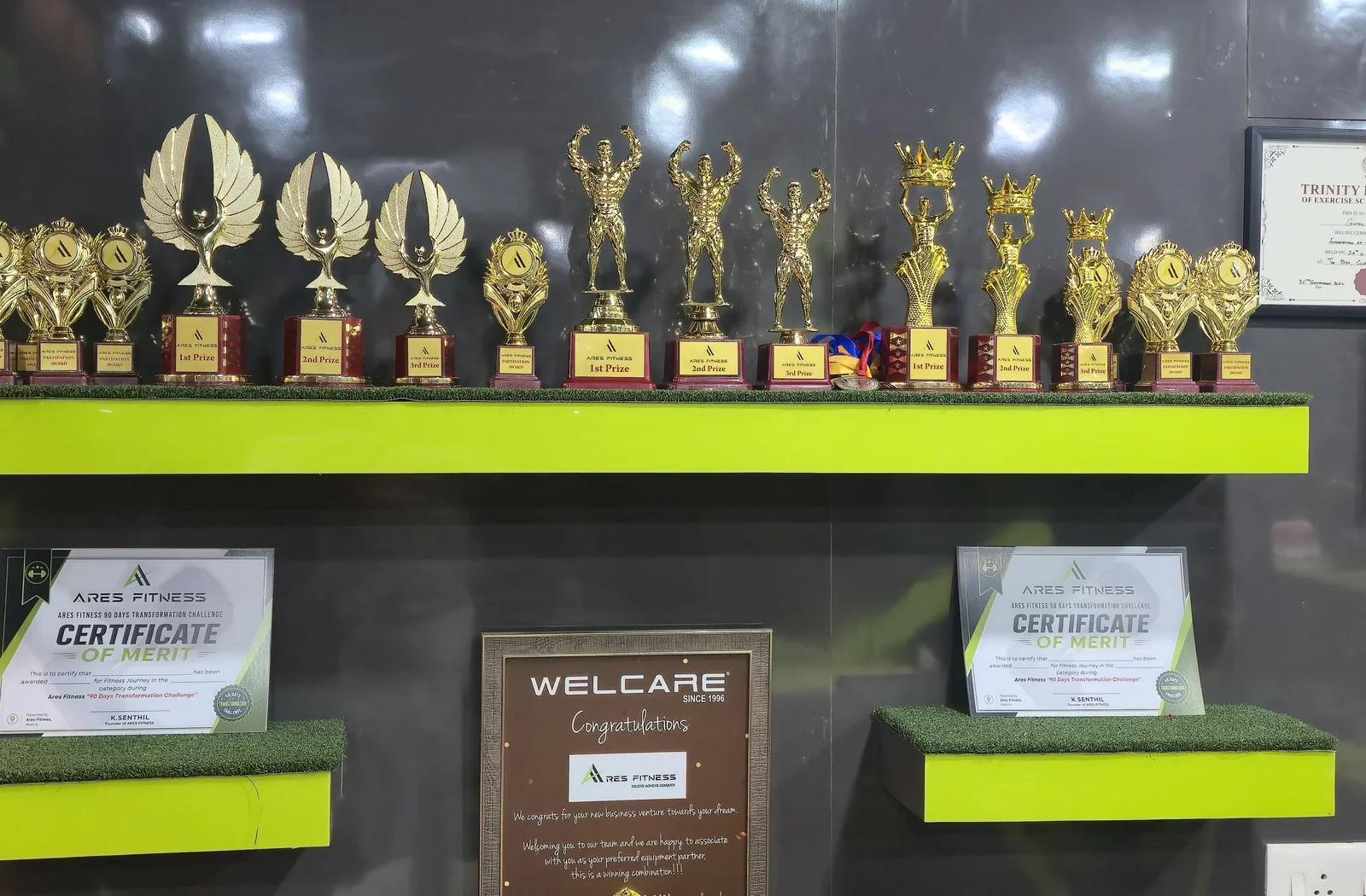 Ares Fitness Trophy Wall and Championship Certificates